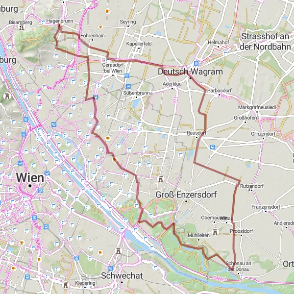 Miniatua del mapa de inspiración ciclista "Ruta por caminos de grava hacia Bisamberg" en Niederösterreich, Austria. Generado por Tarmacs.app planificador de rutas ciclistas