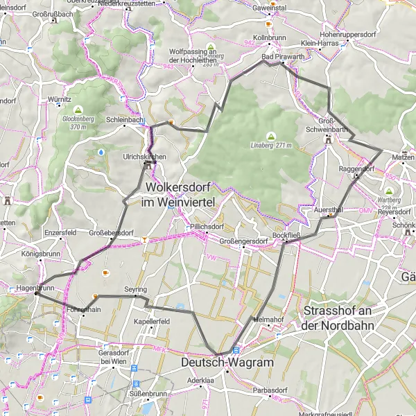 Miniaturekort af cykelinspirationen "Landevejscykelrute med kulturelle højdepunkter nær Hagenbrunn" i Niederösterreich, Austria. Genereret af Tarmacs.app cykelruteplanlægger