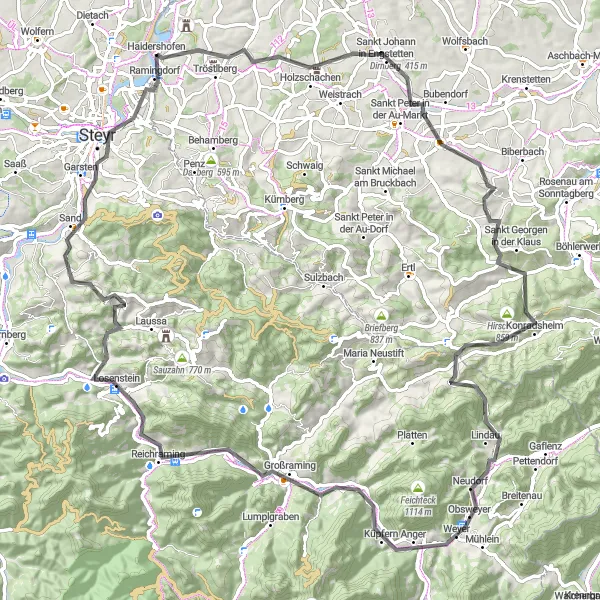 Zemljevid v pomanjšavi "Izjemna pot čez Rohrbach in okoliške hribe" kolesarske inspiracije v Niederösterreich, Austria. Generirano z načrtovalcem kolesarskih poti Tarmacs.app