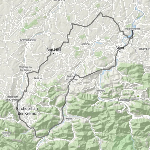 Miniatura della mappa di ispirazione al ciclismo "Esplorando la regione di Steyr" nella regione di Niederösterreich, Austria. Generata da Tarmacs.app, pianificatore di rotte ciclistiche