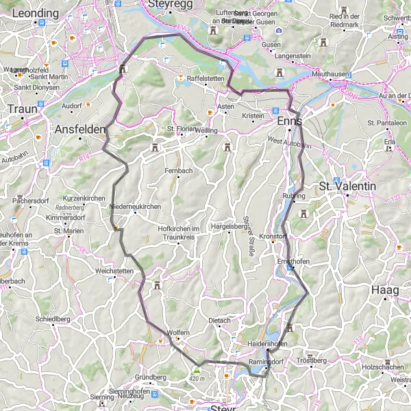 Miniature de la carte de l'inspiration cycliste "Circuit cycliste Wolfern-Ebelsberg-Enns-Stadtturm-Ernsthofen" dans la Niederösterreich, Austria. Générée par le planificateur d'itinéraire cycliste Tarmacs.app