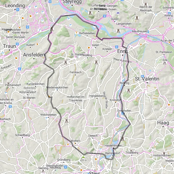 Zemljevid v pomanjšavi "Pustolovščina po slikoviti dolini reke Enns" kolesarske inspiracije v Niederösterreich, Austria. Generirano z načrtovalcem kolesarskih poti Tarmacs.app