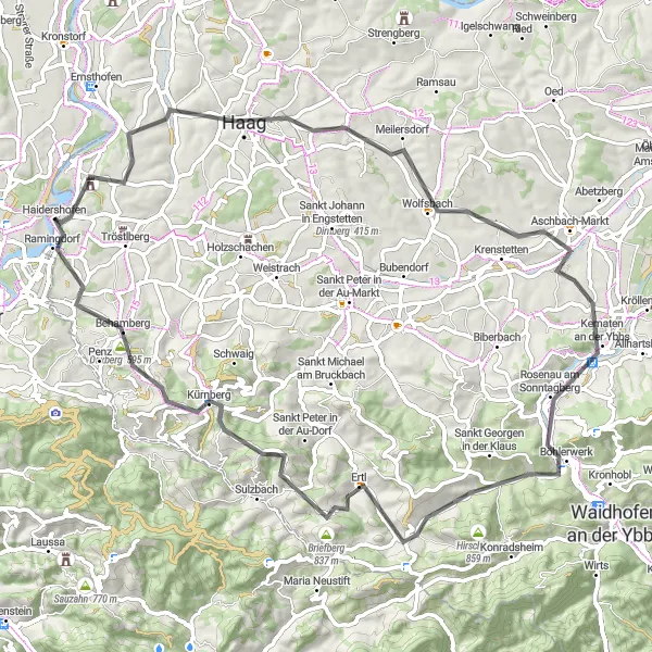 Mapa miniatúra "Okružná cyklotrasa cez Aschbach-Markt a Ertl" cyklistická inšpirácia v Niederösterreich, Austria. Vygenerované cyklistickým plánovačom trás Tarmacs.app