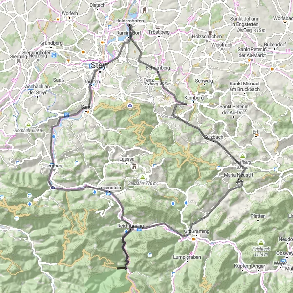 Miniatua del mapa de inspiración ciclista "Ruta de las Colinas y Valles" en Niederösterreich, Austria. Generado por Tarmacs.app planificador de rutas ciclistas