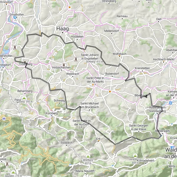Miniatura della mappa di ispirazione al ciclismo "Giro panoramico verso Biberbach" nella regione di Niederösterreich, Austria. Generata da Tarmacs.app, pianificatore di rotte ciclistiche