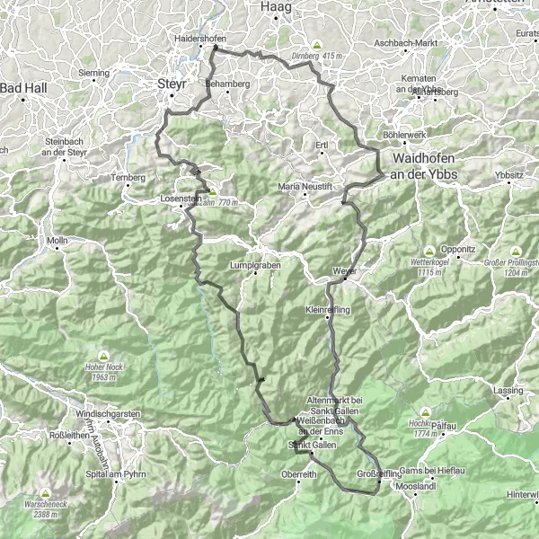 Miniaturekort af cykelinspirationen "Udfordrende rute gennem bjerge og skove" i Niederösterreich, Austria. Genereret af Tarmacs.app cykelruteplanlægger