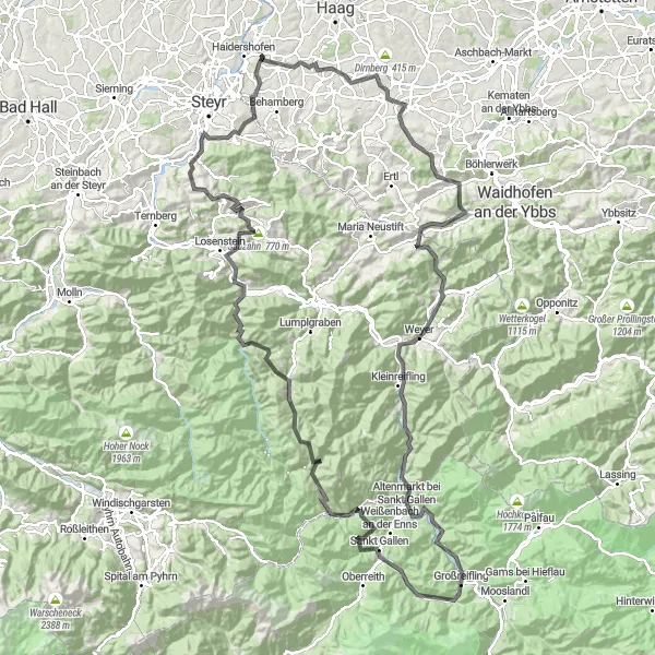 Miniatuurkaart van de fietsinspiratie "162 km Road Cycling Route: Haidershofen and Surroundings" in Niederösterreich, Austria. Gemaakt door de Tarmacs.app fietsrouteplanner