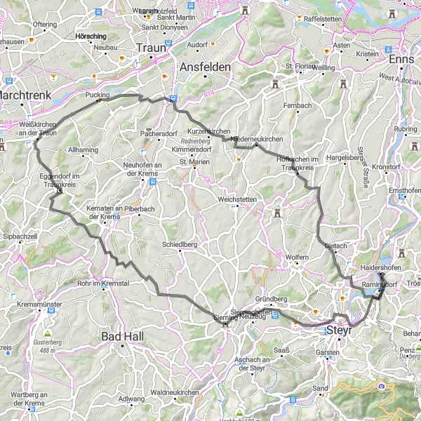 Miniatua del mapa de inspiración ciclista "Ruta de Haidershofen a Dietach" en Niederösterreich, Austria. Generado por Tarmacs.app planificador de rutas ciclistas