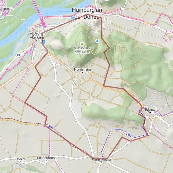 Miniaturní mapa "Gravel Route Steinberg - Prellenkirchen loop" inspirace pro cyklisty v oblasti Niederösterreich, Austria. Vytvořeno pomocí plánovače tras Tarmacs.app