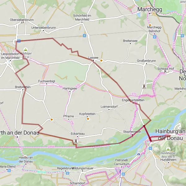 Miniatua del mapa de inspiración ciclista "Recorrido en bicicleta de grava por los alrededores de Hainburg an der Donau" en Niederösterreich, Austria. Generado por Tarmacs.app planificador de rutas ciclistas