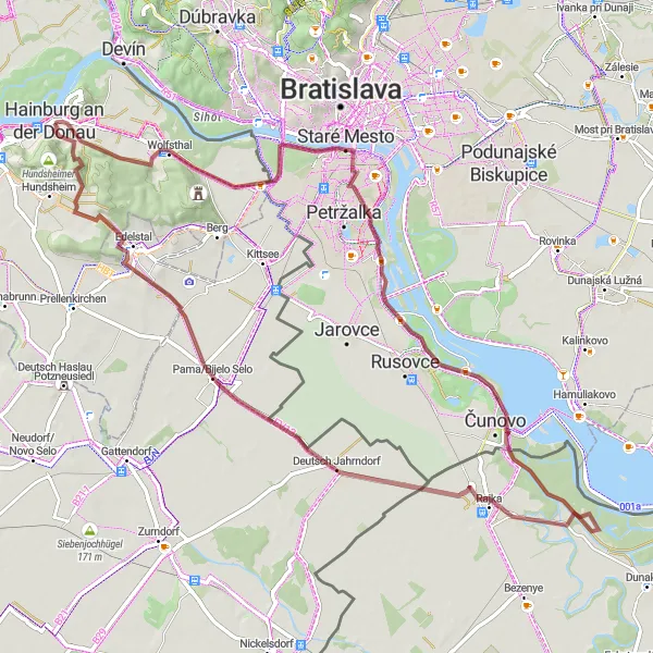 Miniaturní mapa "Gravel vetvíci od Hainburgu" inspirace pro cyklisty v oblasti Niederösterreich, Austria. Vytvořeno pomocí plánovače tras Tarmacs.app