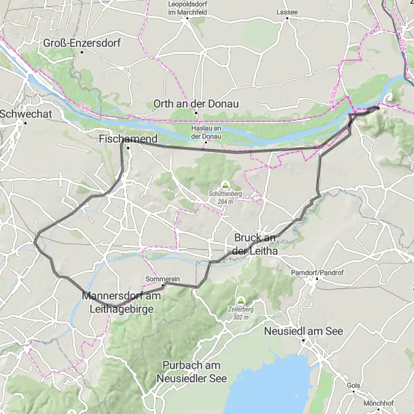 Miniaturní mapa "Road Route Hütelberg - Hainburg an der Donau loop" inspirace pro cyklisty v oblasti Niederösterreich, Austria. Vytvořeno pomocí plánovače tras Tarmacs.app