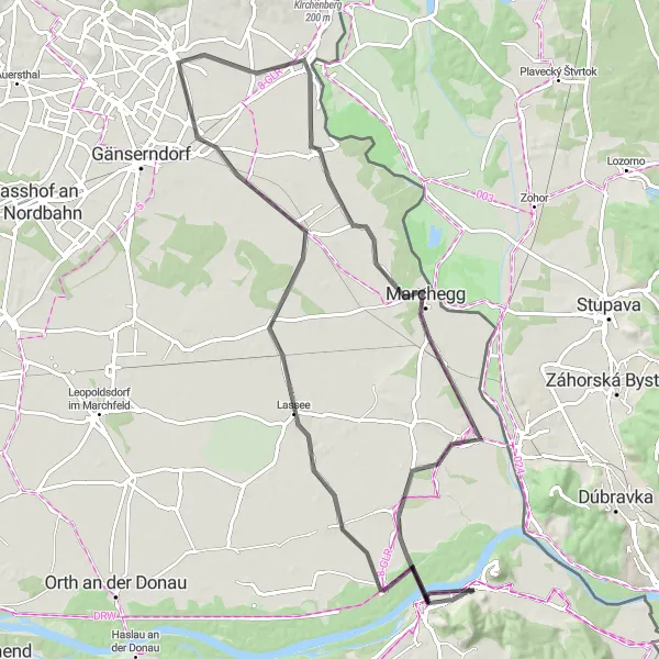 Miniatua del mapa de inspiración ciclista "Travesía en bicicleta por los alrededores de Hainburg an der Donau" en Niederösterreich, Austria. Generado por Tarmacs.app planificador de rutas ciclistas