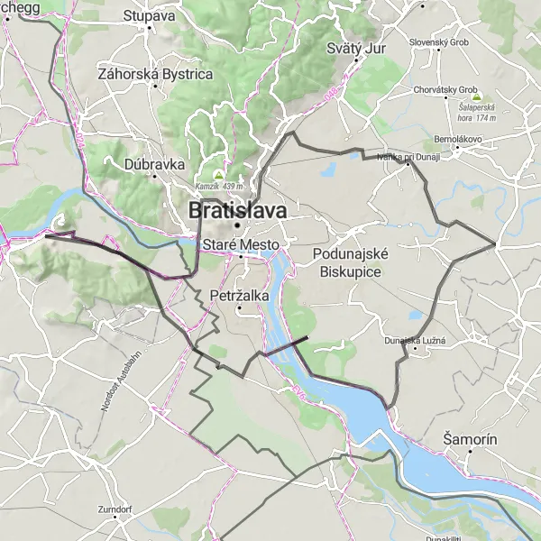 Miniatua del mapa de inspiración ciclista "Aventura en bicicleta por los alrededores de Hainburg an der Donau" en Niederösterreich, Austria. Generado por Tarmacs.app planificador de rutas ciclistas