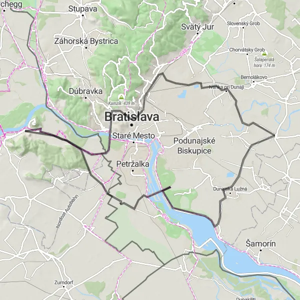 Zemljevid v pomanjšavi "Razgibana potovanja po cesti od Hainburga an der Donau" kolesarske inspiracije v Niederösterreich, Austria. Generirano z načrtovalcem kolesarskih poti Tarmacs.app