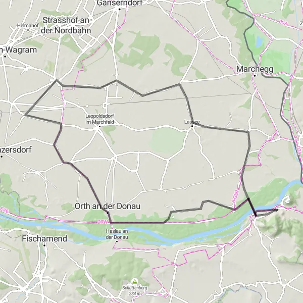 Mapa miniatúra "81-kilometrový okruh cez Hainburgblick, Schloss Eckartsau, Orth an der Donau, Großhofen, Untersiebenbrunn, Engelhartstetten a Mariensäule" cyklistická inšpirácia v Niederösterreich, Austria. Vygenerované cyklistickým plánovačom trás Tarmacs.app
