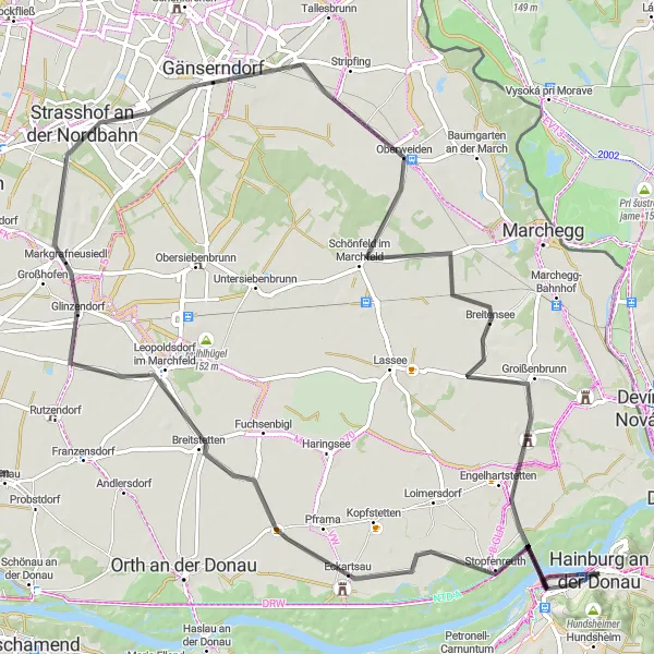 Miniaturní mapa "Historical Road Trip to Gänserndorf" inspirace pro cyklisty v oblasti Niederösterreich, Austria. Vytvořeno pomocí plánovače tras Tarmacs.app