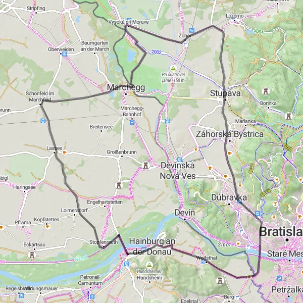 Miniaturní mapa "Silniční osmička kolem Hainburgu" inspirace pro cyklisty v oblasti Niederösterreich, Austria. Vytvořeno pomocí plánovače tras Tarmacs.app