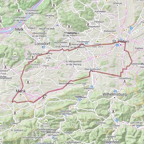 Miniaturní mapa "Gravel Tour to St. Pölten" inspirace pro cyklisty v oblasti Niederösterreich, Austria. Vytvořeno pomocí plánovače tras Tarmacs.app