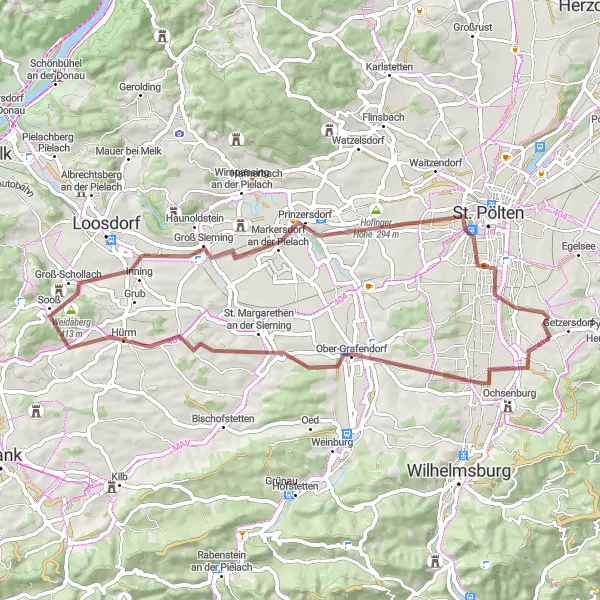 Zemljevid v pomanjšavi "Off-road Avantura od Ober-Grafendorfa do Prinzersdorfa" kolesarske inspiracije v Niederösterreich, Austria. Generirano z načrtovalcem kolesarskih poti Tarmacs.app