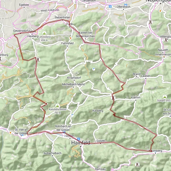 Miniaturní mapa "Gravelová cyklostezka Loitzenberg - Schloß Wald" inspirace pro cyklisty v oblasti Niederösterreich, Austria. Vytvořeno pomocí plánovače tras Tarmacs.app