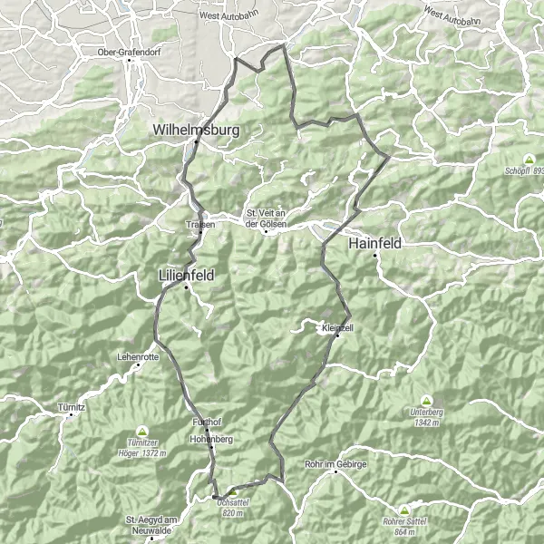 Zemljevid v pomanjšavi "Pogumna cestna pustolovščina do Schloss Ochsenburg" kolesarske inspiracije v Niederösterreich, Austria. Generirano z načrtovalcem kolesarskih poti Tarmacs.app