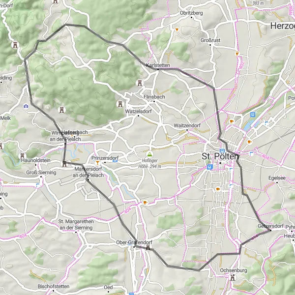 Mapa miniatúra "Cyklotrasa cez Ober-Grafendorf" cyklistická inšpirácia v Niederösterreich, Austria. Vygenerované cyklistickým plánovačom trás Tarmacs.app