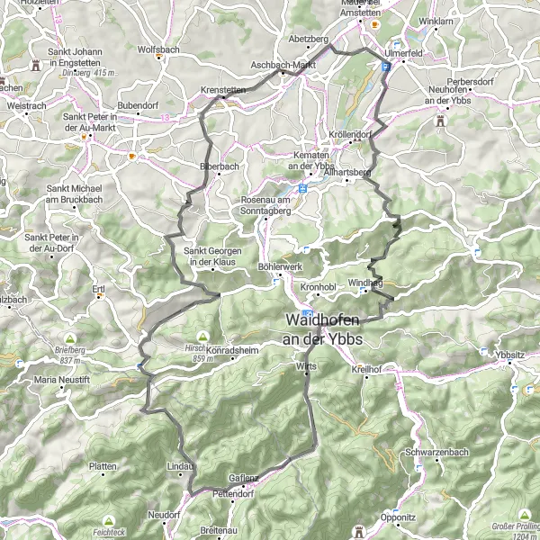 Mapa miniatúra "Trasa Hexenturm" cyklistická inšpirácia v Niederösterreich, Austria. Vygenerované cyklistickým plánovačom trás Tarmacs.app