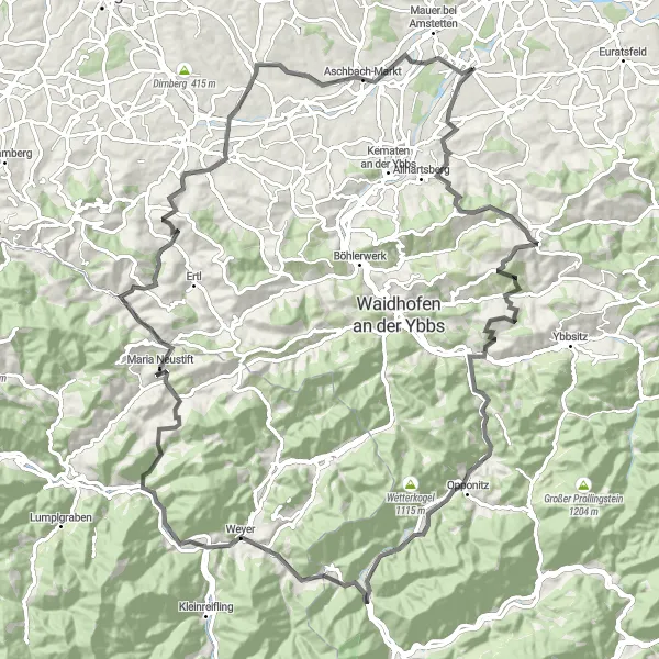Miniatua del mapa de inspiración ciclista "Ruta de los Castillos y Torreones" en Niederösterreich, Austria. Generado por Tarmacs.app planificador de rutas ciclistas