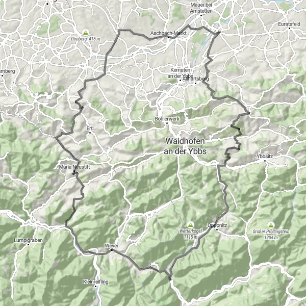 Karttaminiaatyyri "Hausmening - St. Leonhard am Wald - Schmiedberg - Ofenberg - Schloss Seeburg - Egerer Schlössl - Kreuzberg - Maria Neustift - Großebenkogel - Seitenstetten - Burnerhöhe - Aschbach-Markt - Hexenturm" pyöräilyinspiraatiosta alueella Niederösterreich, Austria. Luotu Tarmacs.app pyöräilyreittisuunnittelijalla