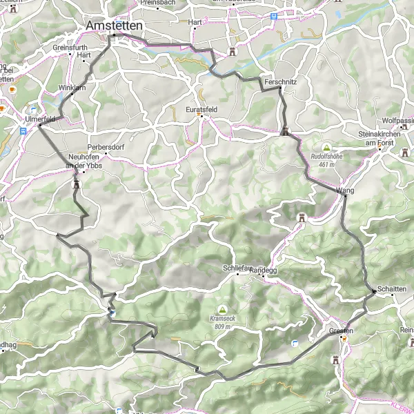 Miniatura della mappa di ispirazione al ciclismo "Viaggio attraverso le colline dell'Alta Austria" nella regione di Niederösterreich, Austria. Generata da Tarmacs.app, pianificatore di rotte ciclistiche