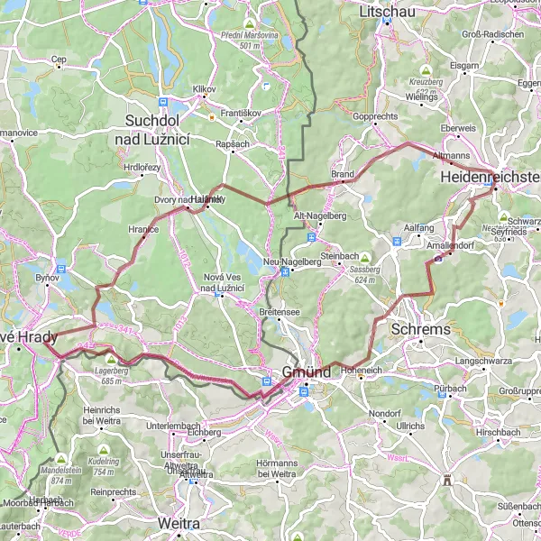 Kartminiatyr av "Grusvägscykling runt Heidenreichstein" cykelinspiration i Niederösterreich, Austria. Genererad av Tarmacs.app cykelruttplanerare