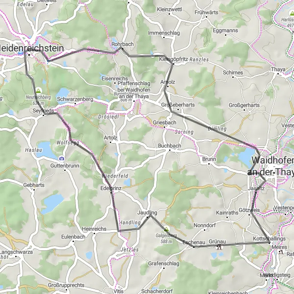 Miniatua del mapa de inspiración ciclista "Ruta de las Colinas y Pueblos" en Niederösterreich, Austria. Generado por Tarmacs.app planificador de rutas ciclistas