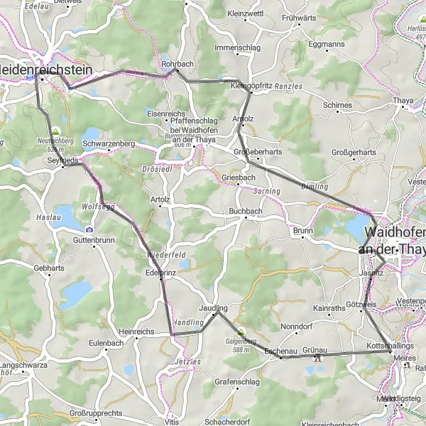 Miniatuurkaart van de fietsinspiratie "Rondom Heidenreichstein en Waidhofen an der Thaya" in Niederösterreich, Austria. Gemaakt door de Tarmacs.app fietsrouteplanner