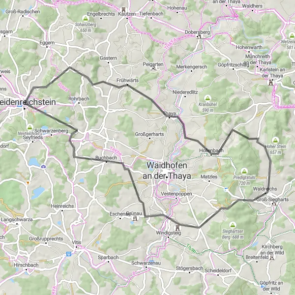 Miniatua del mapa de inspiración ciclista "Ruta de Ciclismo de Carretera a Heidenreichstein" en Niederösterreich, Austria. Generado por Tarmacs.app planificador de rutas ciclistas