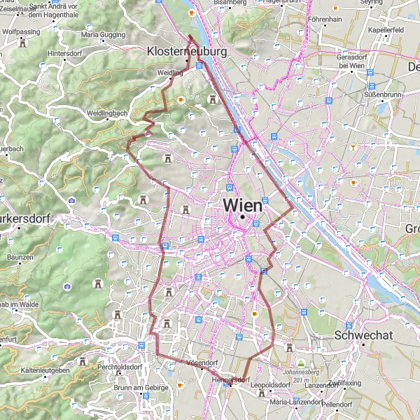 Miniatura della mappa di ispirazione al ciclismo "Giro in bicicletta attraverso Hermannskogel e Klosterneuburg" nella regione di Niederösterreich, Austria. Generata da Tarmacs.app, pianificatore di rotte ciclistiche