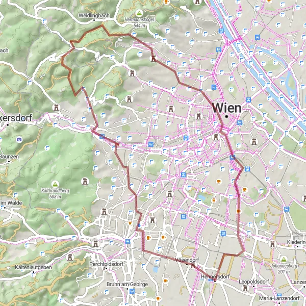 Miniaturní mapa "Gravel Hütteldorf Exploration" inspirace pro cyklisty v oblasti Niederösterreich, Austria. Vytvořeno pomocí plánovače tras Tarmacs.app