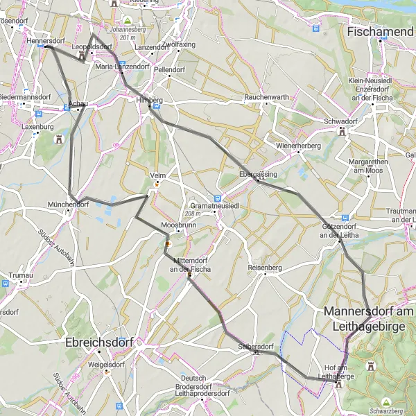 Miniaturní mapa "Road k Achau" inspirace pro cyklisty v oblasti Niederösterreich, Austria. Vytvořeno pomocí plánovače tras Tarmacs.app