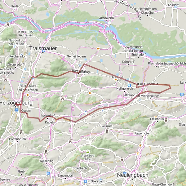 Miniatua del mapa de inspiración ciclista "Ruta de Ciclismo de Grava por los Viñedos de Michelhausen" en Niederösterreich, Austria. Generado por Tarmacs.app planificador de rutas ciclistas