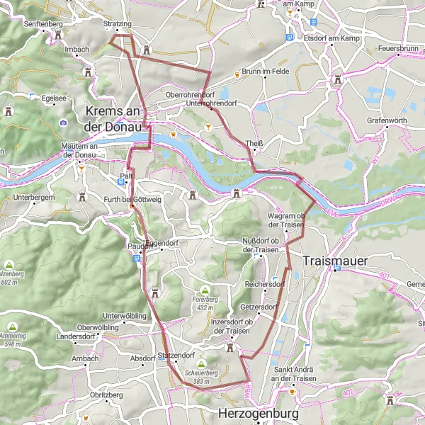 Miniatura della mappa di ispirazione al ciclismo "Scoperta dei tesori nascosti della Bassa Austria" nella regione di Niederösterreich, Austria. Generata da Tarmacs.app, pianificatore di rotte ciclistiche