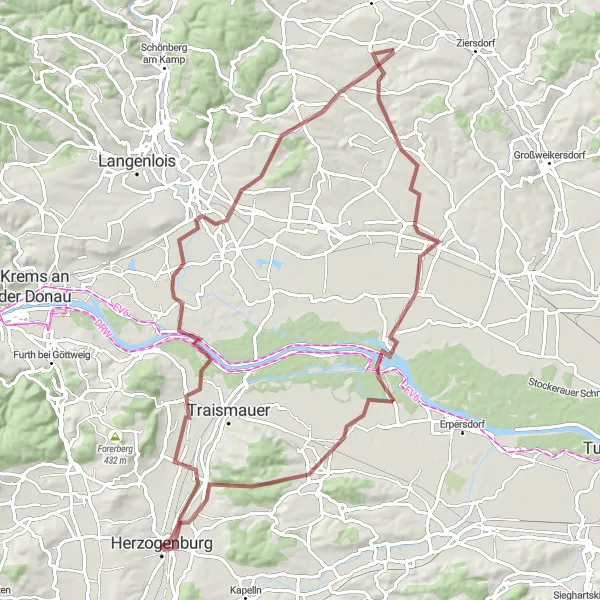 Miniatura della mappa di ispirazione al ciclismo "Giro panoramico tra colline e castelli" nella regione di Niederösterreich, Austria. Generata da Tarmacs.app, pianificatore di rotte ciclistiche