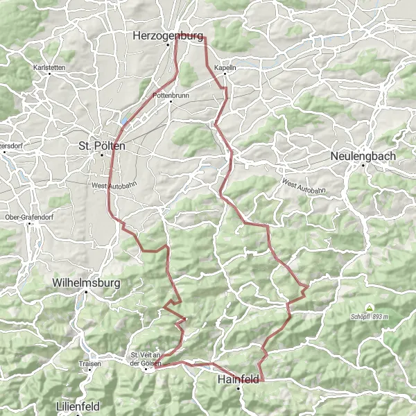 Kartminiatyr av "Utmanande grusvägscykling runt Herzogenburg" cykelinspiration i Niederösterreich, Austria. Genererad av Tarmacs.app cykelruttplanerare