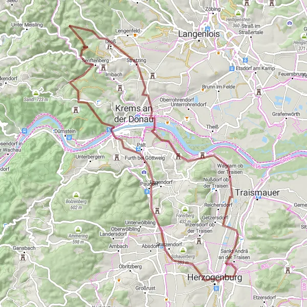 Miniatura della mappa di ispirazione al ciclismo "Tour del Grünberg e Franzhausen" nella regione di Niederösterreich, Austria. Generata da Tarmacs.app, pianificatore di rotte ciclistiche