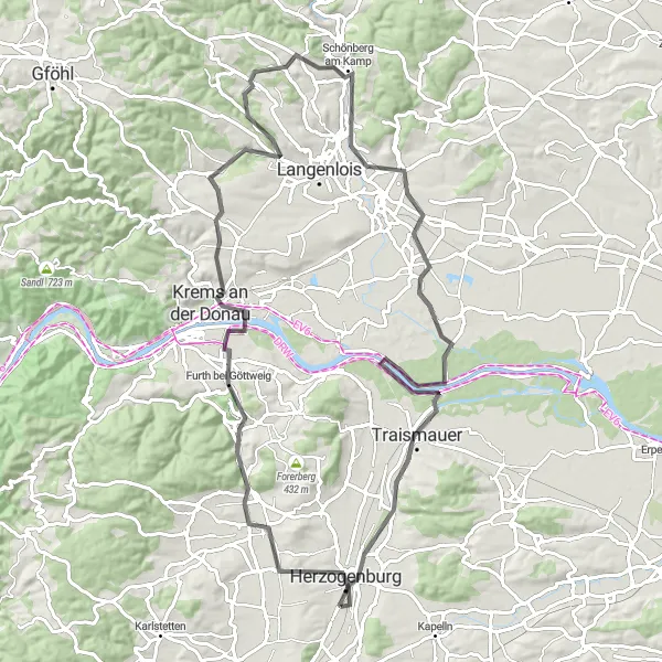 Miniatura della mappa di ispirazione al ciclismo "Giro in bicicletta Herzogenburg - Traismauer" nella regione di Niederösterreich, Austria. Generata da Tarmacs.app, pianificatore di rotte ciclistiche
