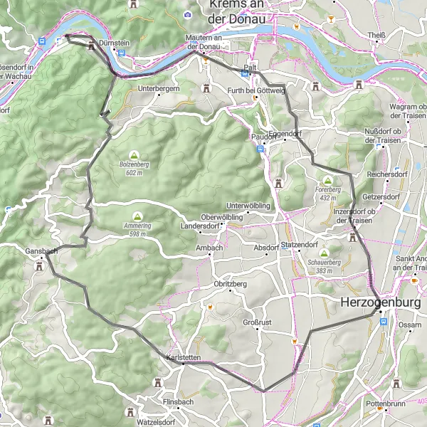 Miniatua del mapa de inspiración ciclista "Ruta de Ciclismo de Carretera por los Viñedos de Karlstetten" en Niederösterreich, Austria. Generado por Tarmacs.app planificador de rutas ciclistas