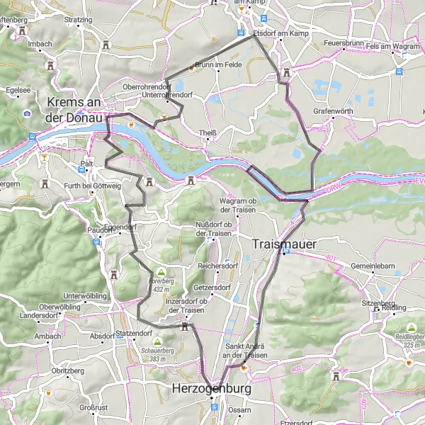 Miniatura della mappa di ispirazione al ciclismo "Passeggiata tra i vigneti della Bassa Austria" nella regione di Niederösterreich, Austria. Generata da Tarmacs.app, pianificatore di rotte ciclistiche
