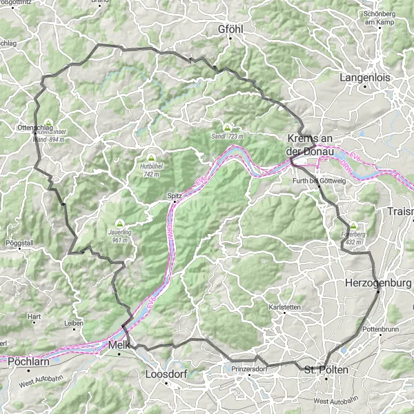 Karttaminiaatyyri "St. Pölten Loop: Cycling Adventure with Panoramic Views" pyöräilyinspiraatiosta alueella Niederösterreich, Austria. Luotu Tarmacs.app pyöräilyreittisuunnittelijalla