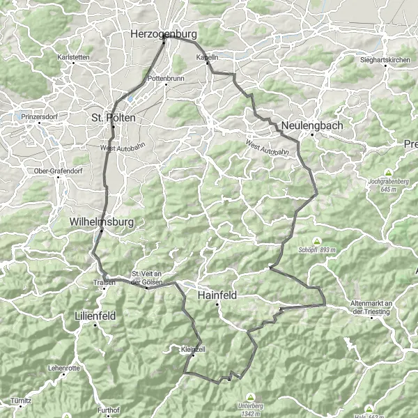 Mapa miniatúra "Výzva na bicykli okolo St. Pölten" cyklistická inšpirácia v Niederösterreich, Austria. Vygenerované cyklistickým plánovačom trás Tarmacs.app