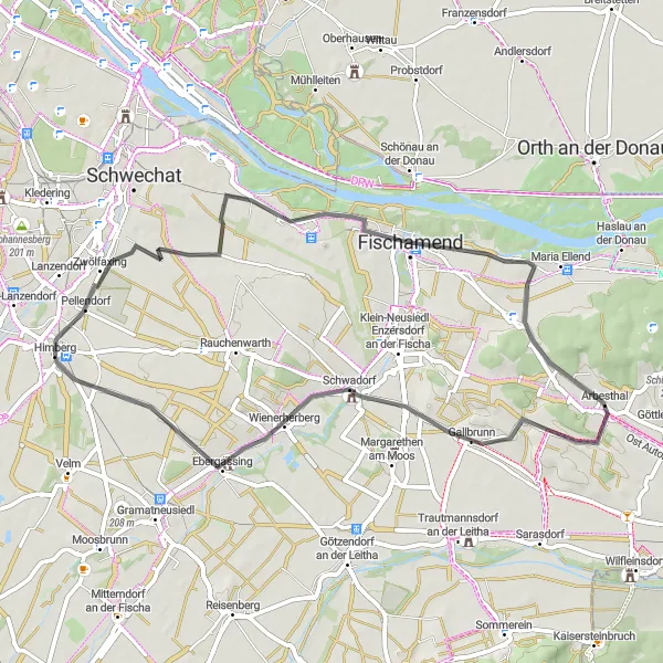 Miniatura della mappa di ispirazione al ciclismo "Giro in bici da Himberg a Kuckuckberg" nella regione di Niederösterreich, Austria. Generata da Tarmacs.app, pianificatore di rotte ciclistiche