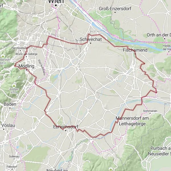 Kartminiatyr av "Eventyrlig Grusvei sykling fra Hinterbrühl" sykkelinspirasjon i Niederösterreich, Austria. Generert av Tarmacs.app sykkelrutoplanlegger